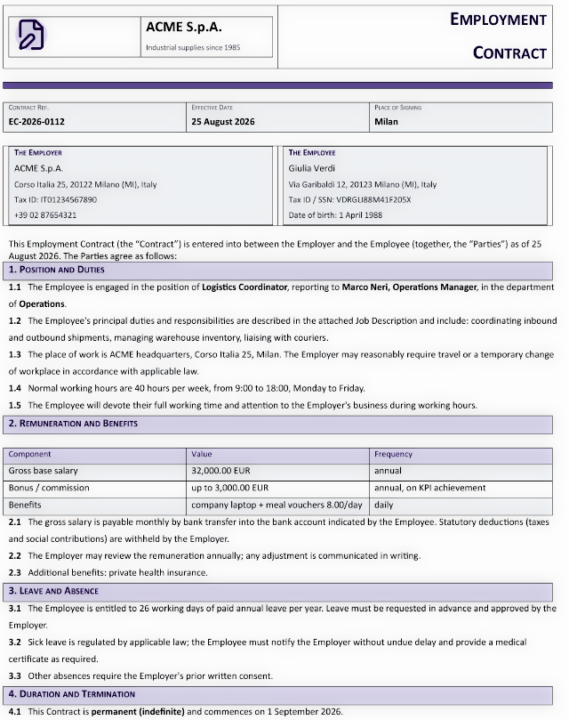 Employment contract generated by the agent on request