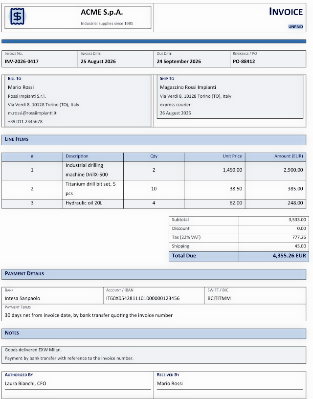 Invoice generated by the agent on request