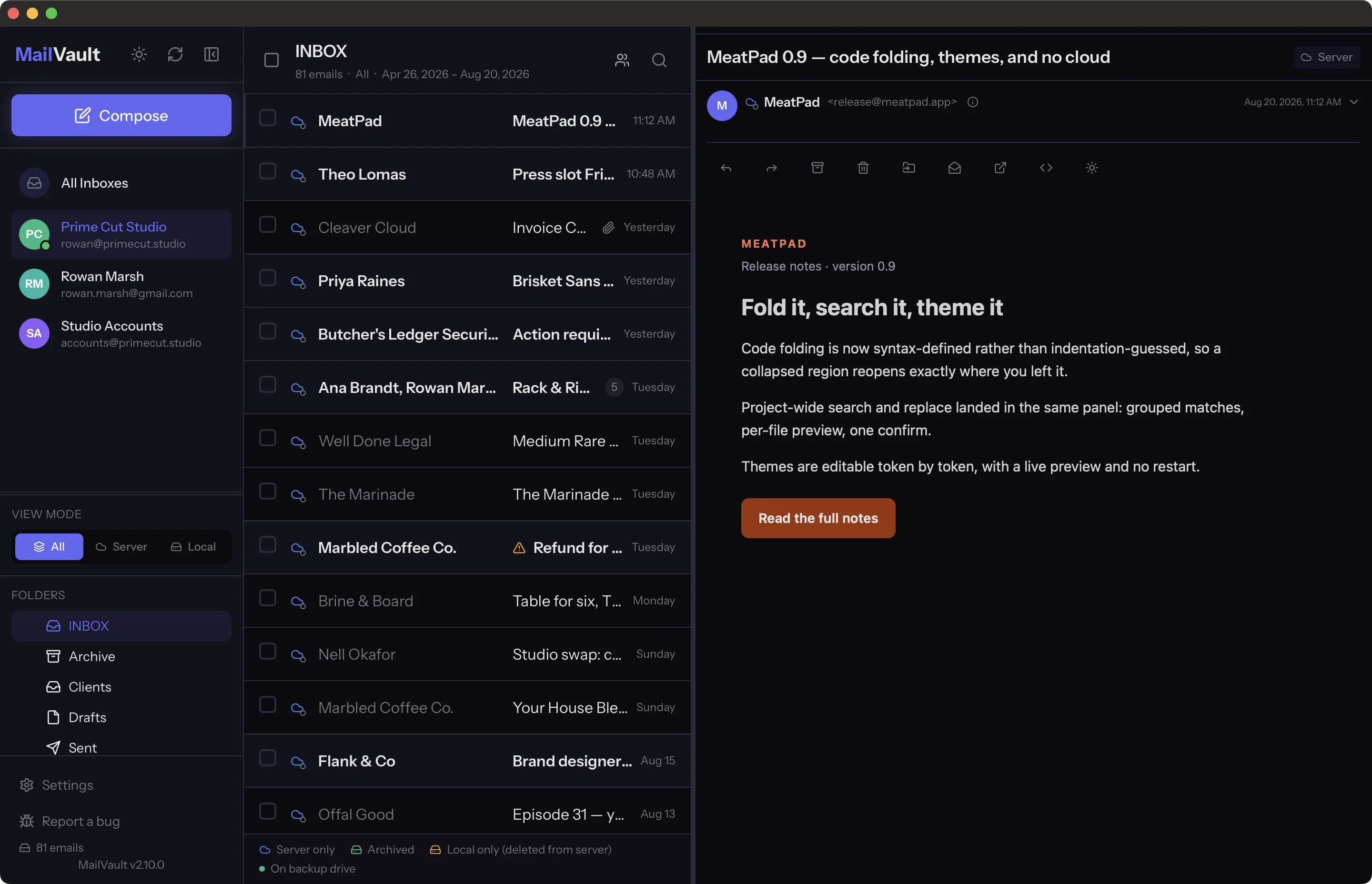 Inbox with the reading pane open