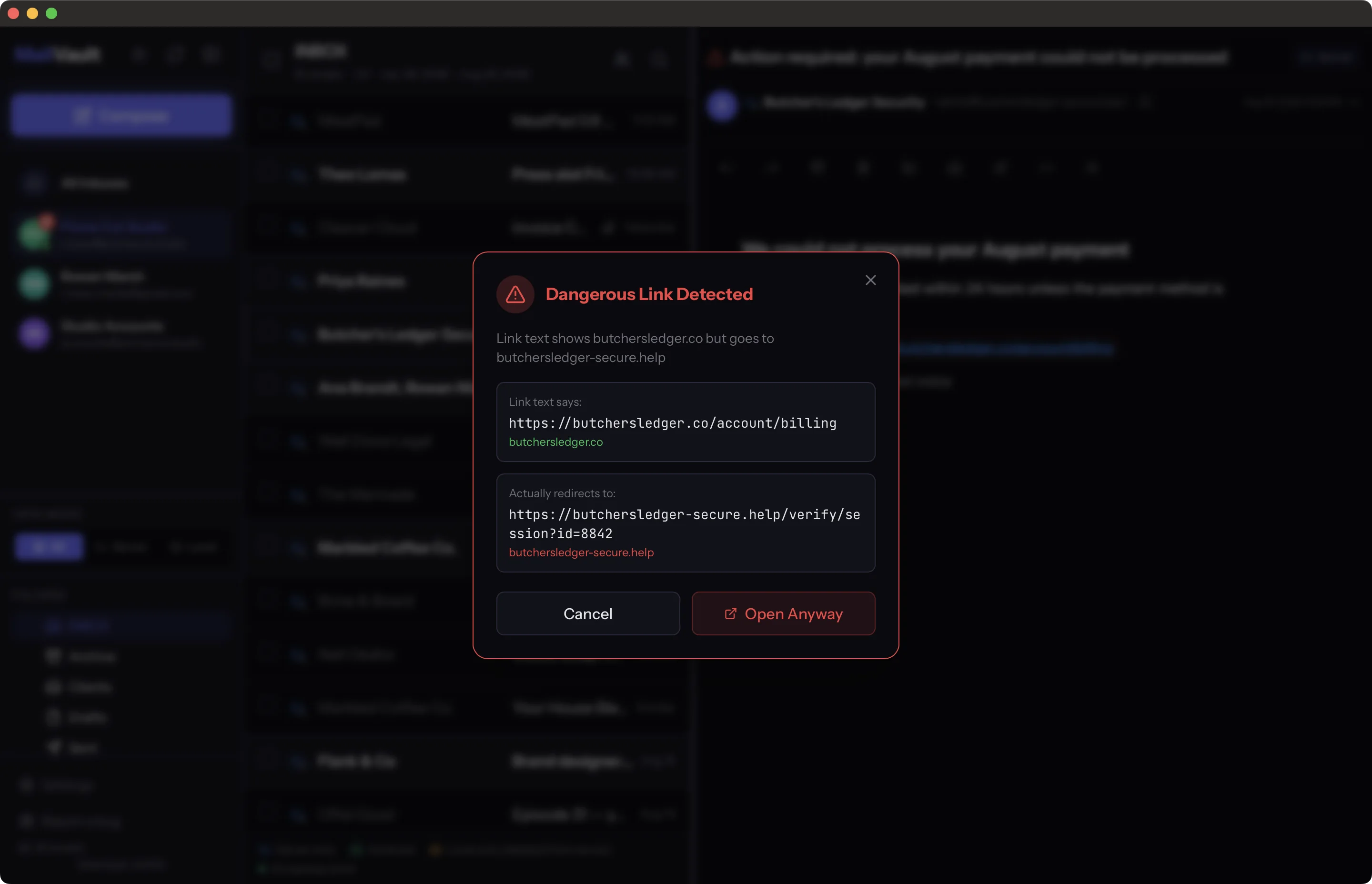 Suspicious link warning showing link text against its real destination