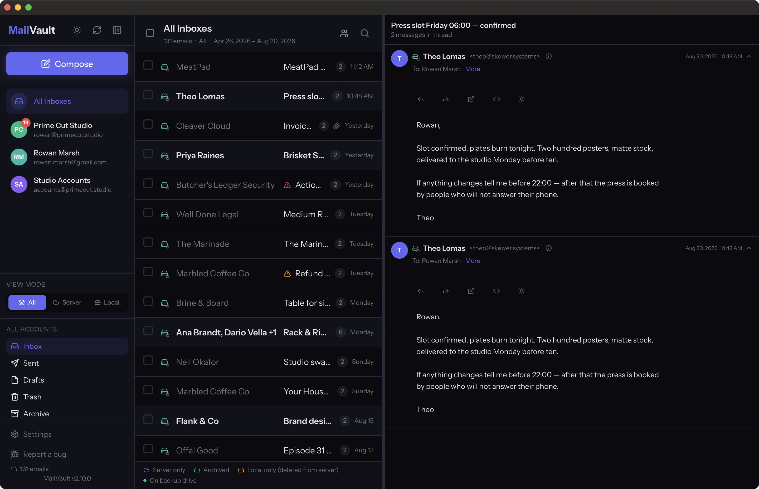 Unified inbox across three accounts