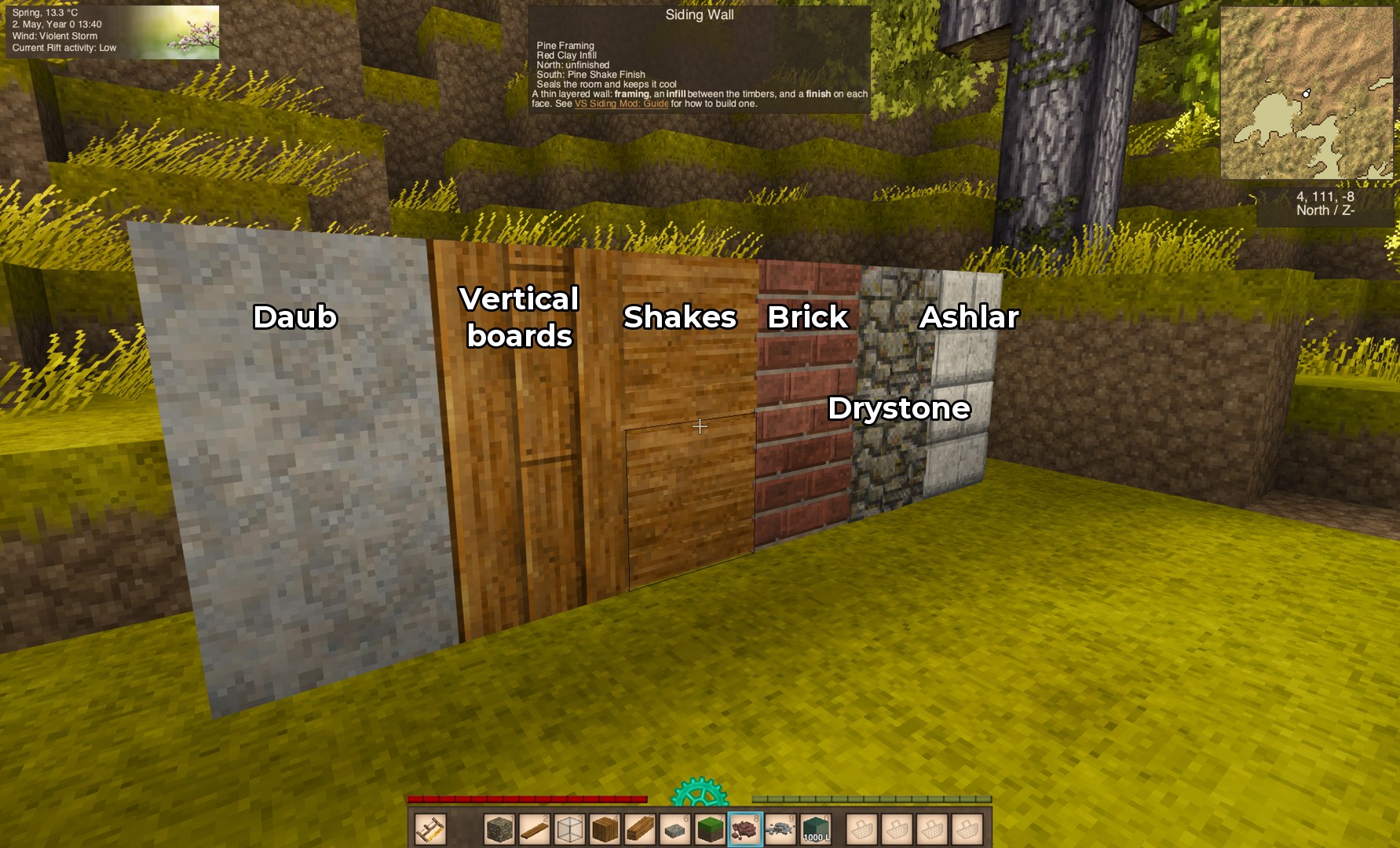 A row of wall finishes: daub, vertical boards, shakes, brick, drystone and ashlar