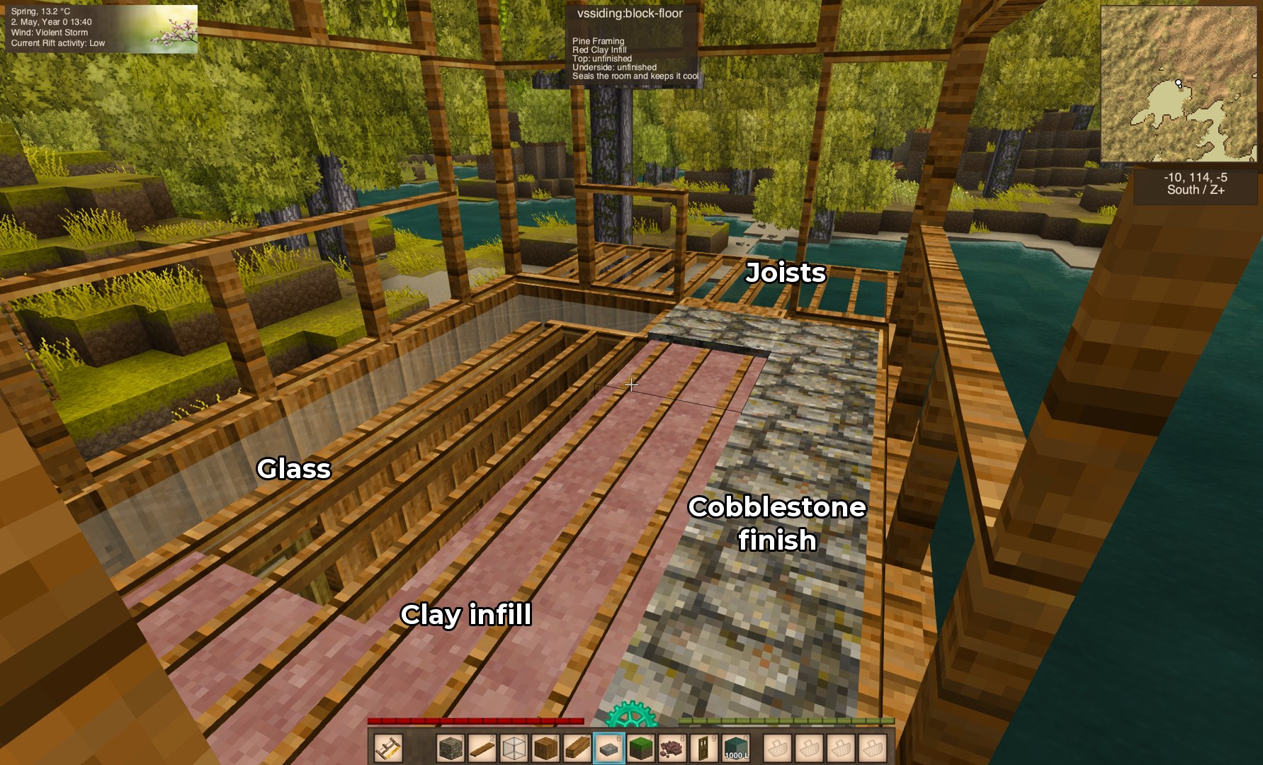 Thin floors from above: joists, glass, clay infill and a cobblestone finish