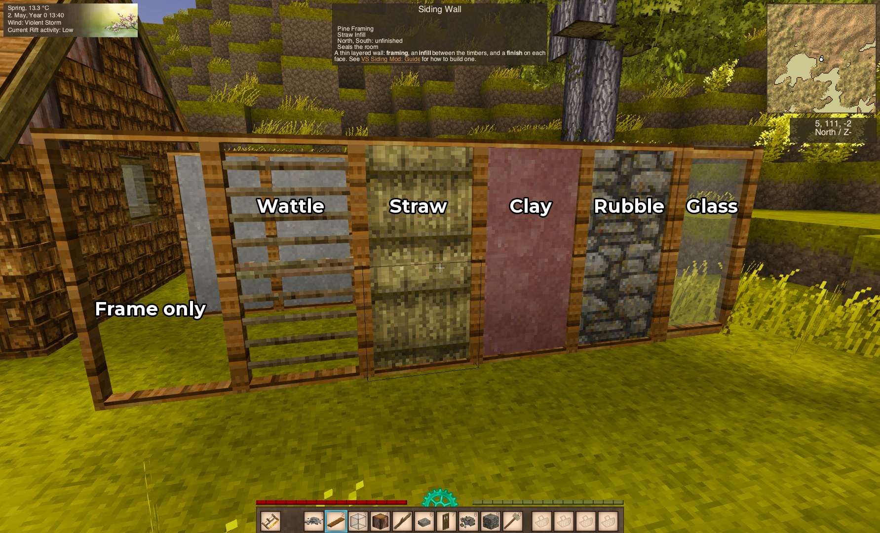 A run of wall frames: one bare, then wattle, straw, clay, rubble and glass infill
