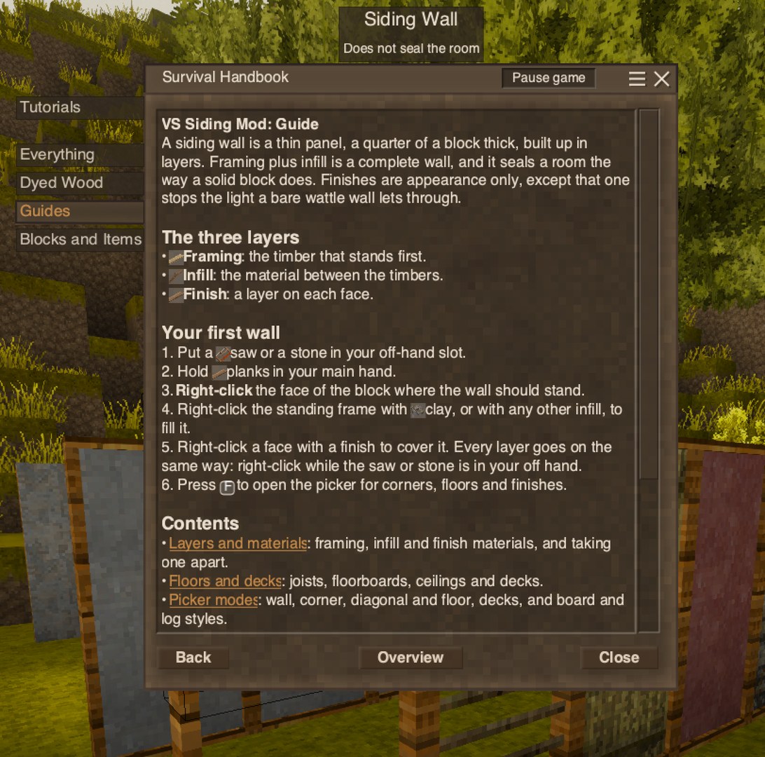 The VS Siding Mod: Guide page in the in-game handbook