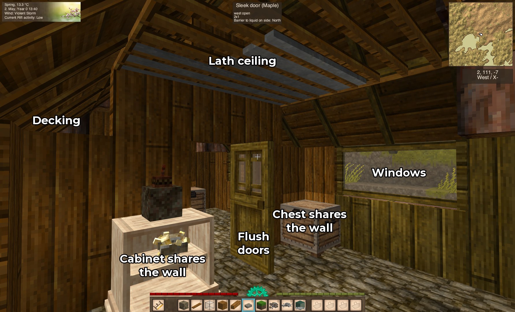 Inside a siding house with a chest and a cabinet sharing the walls