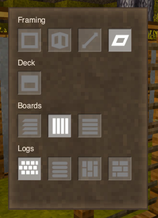 The saw menu with Framing, Deck, Boards and Logs rows