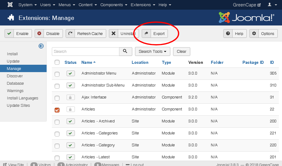 The new "Export" button in the Manage Extensions view