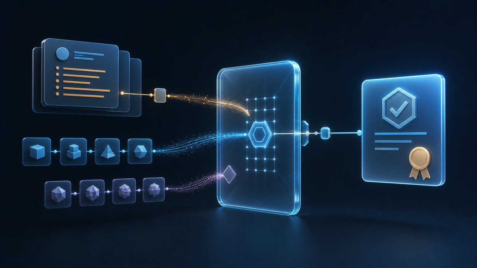 Task-contract clauses and bounded evidence pass through a checkpoint before a completion certificate is issued