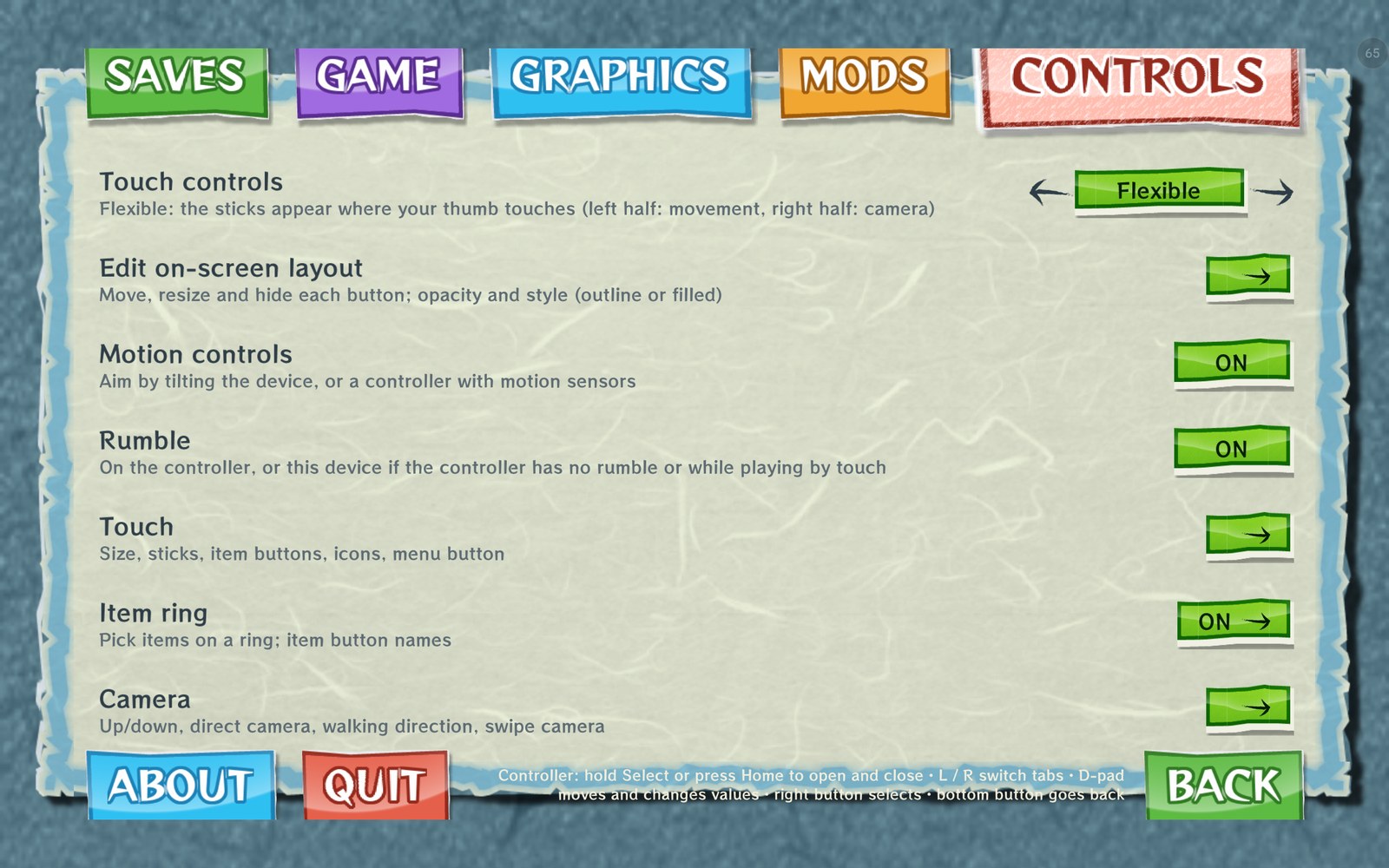 The options as a page of the + menu, in the game's style