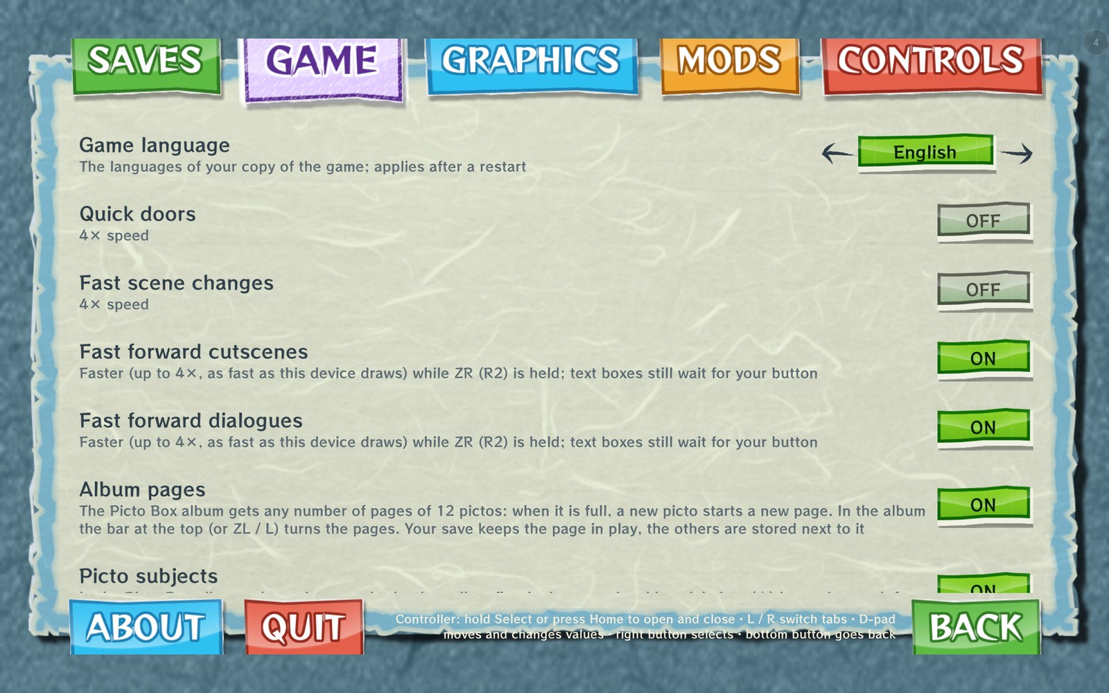 The Game tab with the new options
