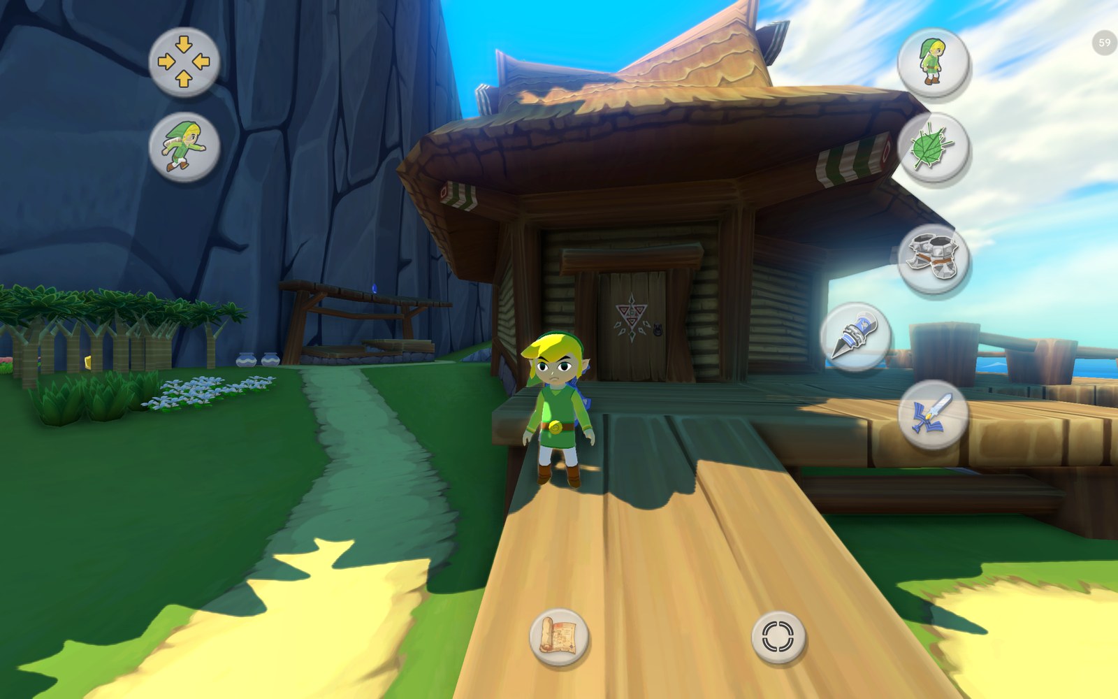 Flexible touch controls with context buttons and Link in the button icons, on Outset Island