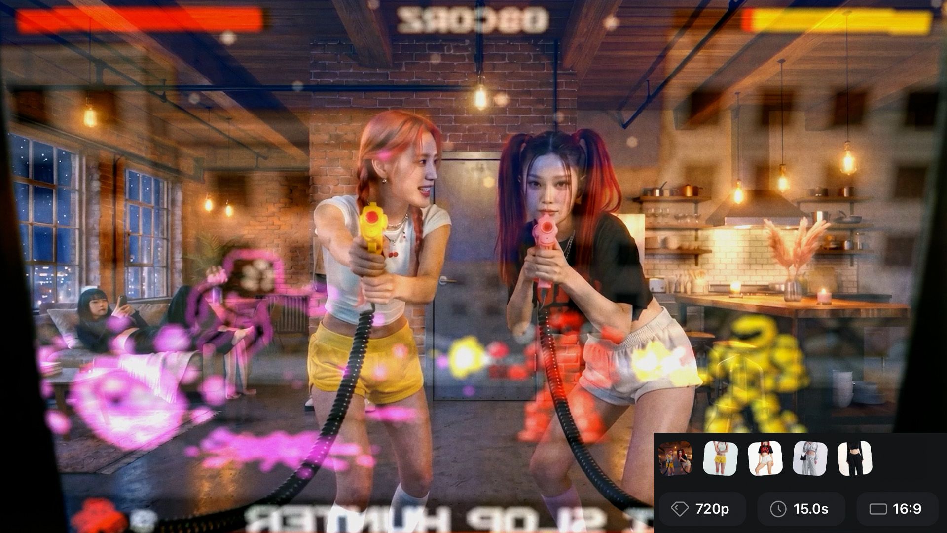 CTRL — BTS arcade scene in the loft, two members at the cabinet with toy light guns, third member visible on the couch