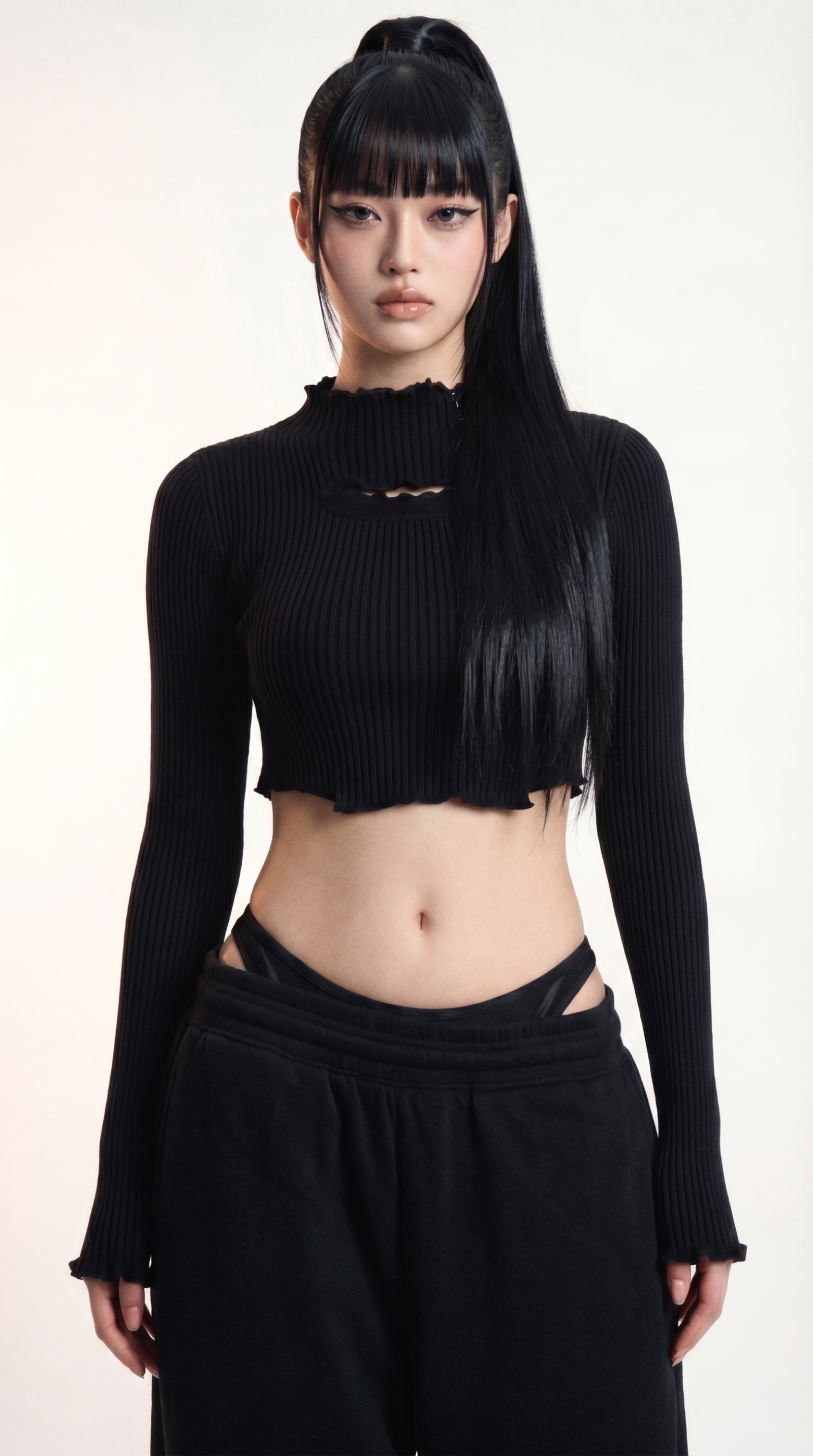 CTRL — tight subject portrait, ponytail and blunt bangs, black ribbed crop