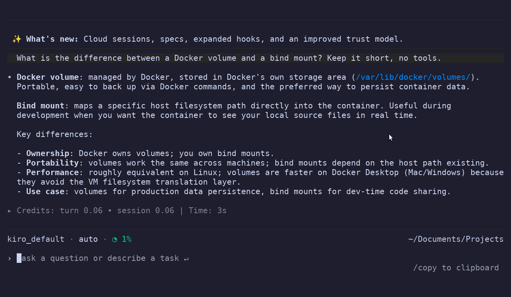 peekme in Kiro CLI: select "VM filesystem translation layer" and press Alt+P. In the box select "Docker Desktop", press Alt+Shift+P and ask "Is it the same with WSL 2?". Esc closes both boxes, a click on the underline opens the saved answer