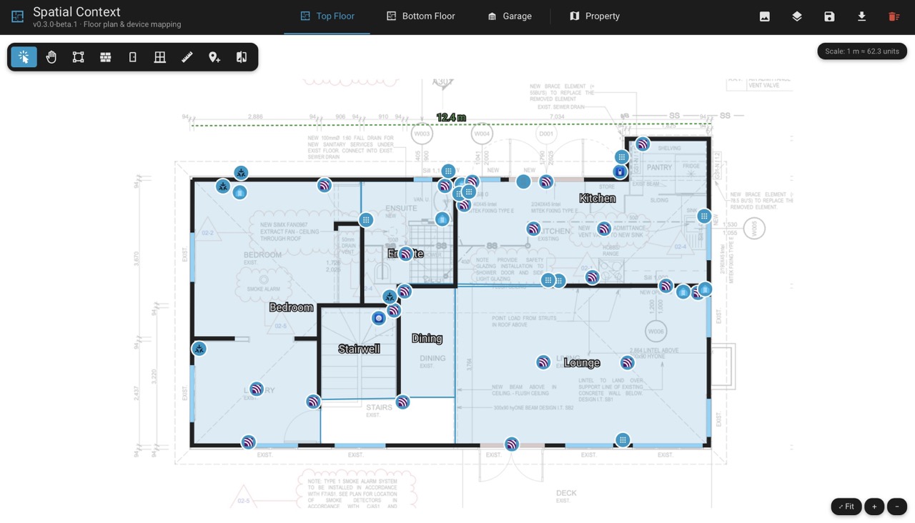 Spatial Context — Top Floor, traced with rooms, walls, and placed devices
