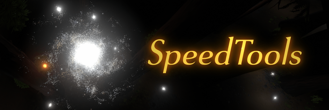 This is an image showing a bright white galaxy with a golden orb along one of the spiral arms, and the title SpeedTools in a glowing orange font.