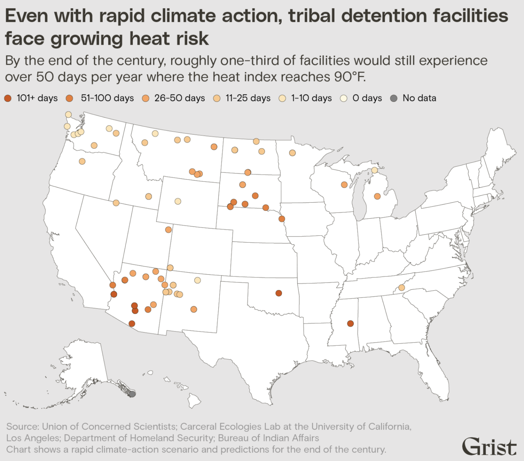 A map of the United States showing the locations of tribal jails. By the end of the century, about one-third of facilities will experience more than 50 days per year in which the heat index will rise above 90ºF.