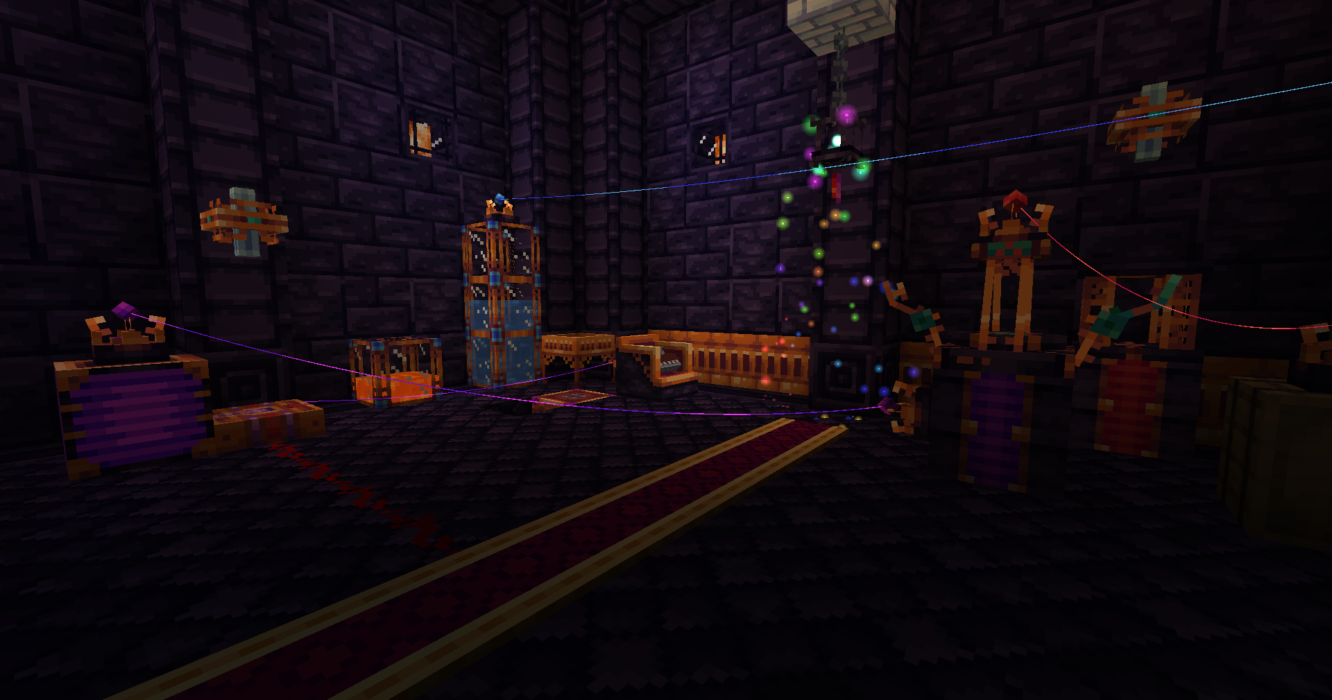 Screenshot of several earlygame machines and generators made out of shiny orange copper and deep purple obsidian, placed in a room with a translucent glass floor and otherworldly purple brick walls.