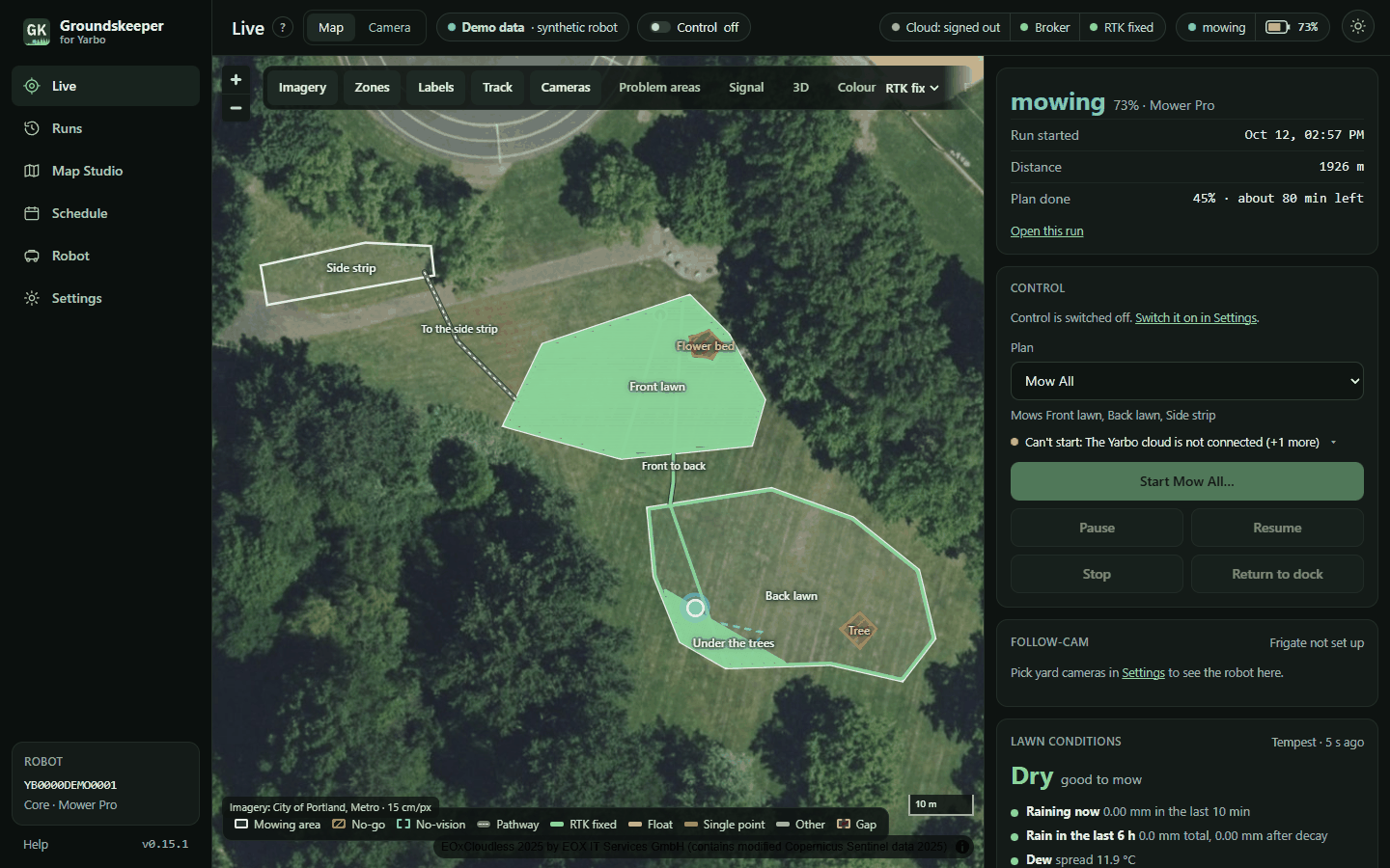 Live: the robot mid-mow on aerial imagery, its track coloured by RTK fix, the plan's progress and the lawn conditions