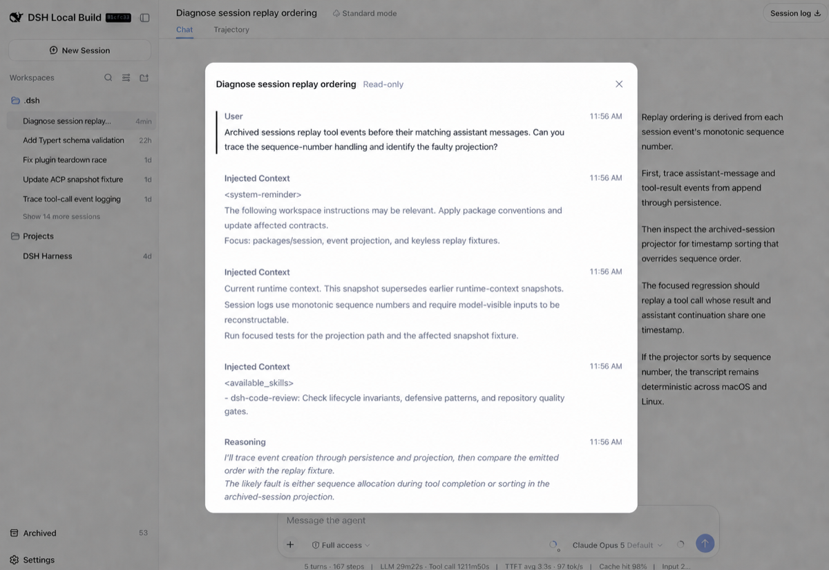 The read-only transcript reader, showing a prompt and labelled injected context