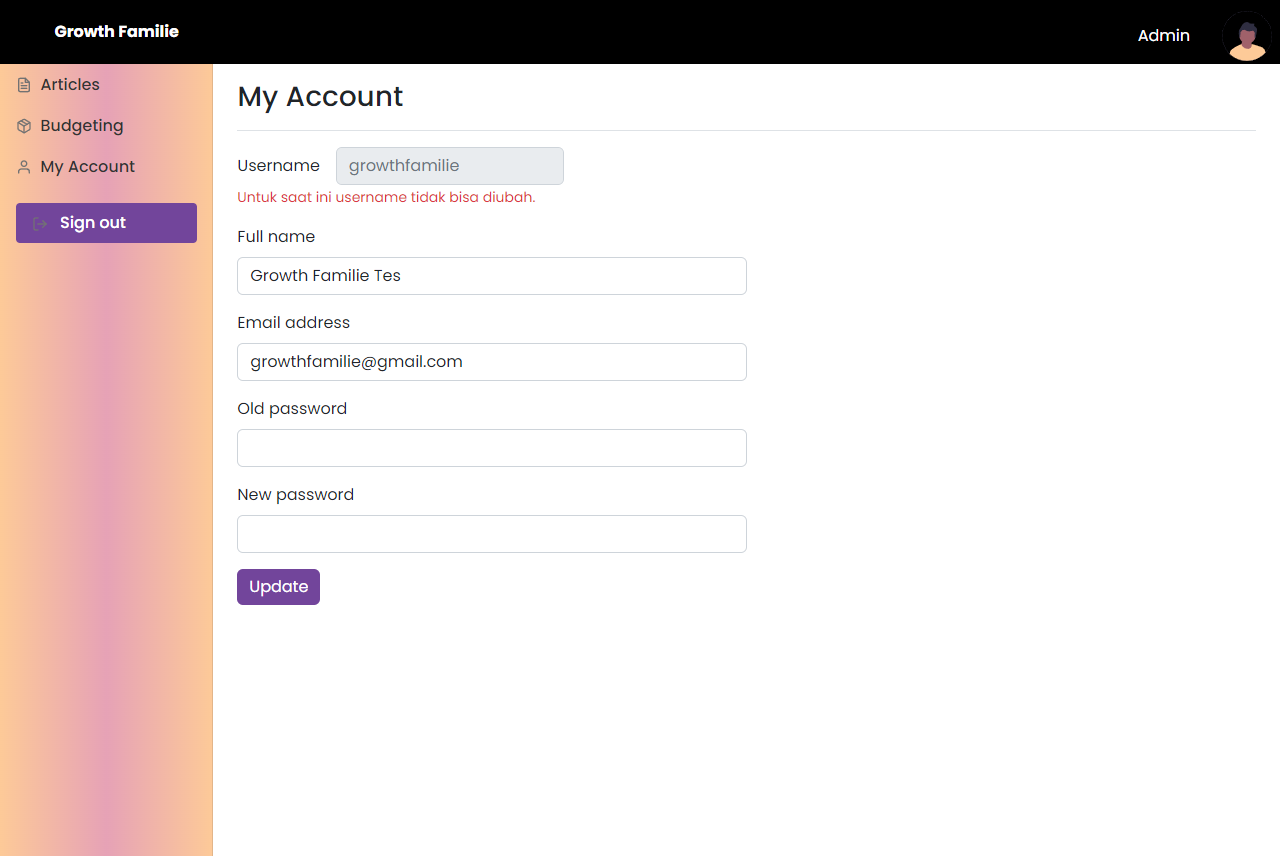 Dashboard Account Admin Growth Familie