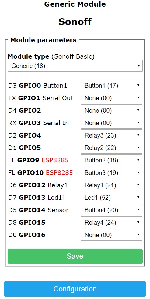 Sonoff 4CH DIY parameters