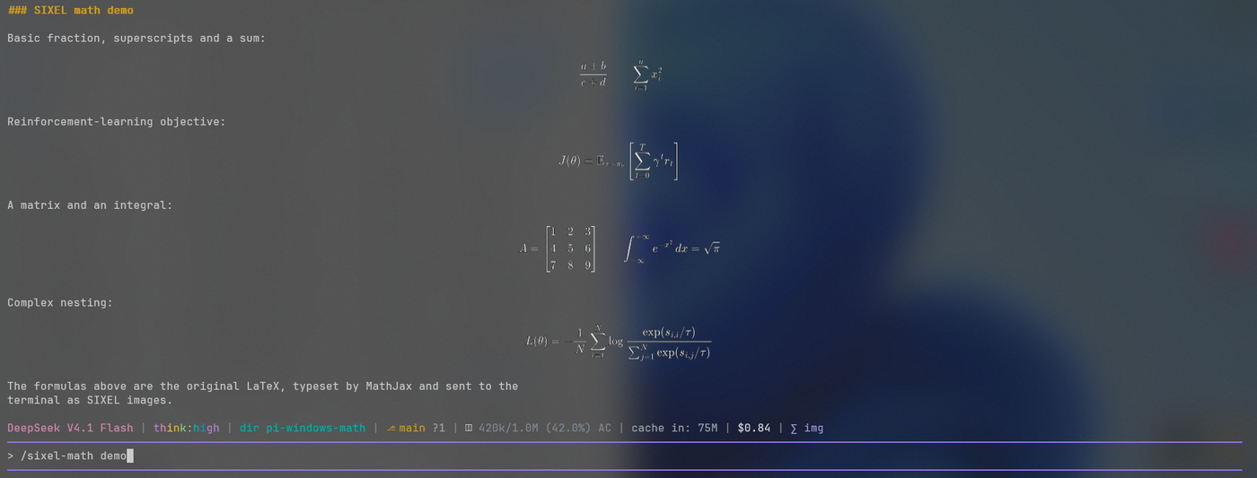SIXEL formulas rendered in the Pi TUI on Windows Terminal