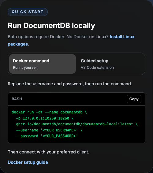 Docker command with the Linux-packages alternative above the tabs, credential guidance before Copy, and the full setup guide