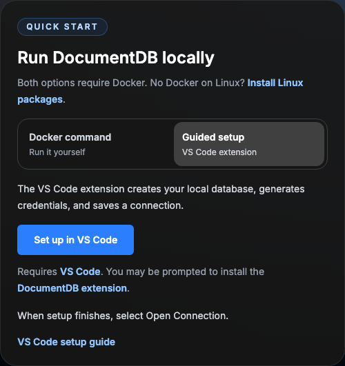 Guided setup with the shared Linux-packages alternative, one VS Code launch button, installation caption, and full setup guide