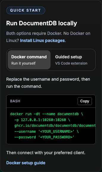 Mobile Docker card with the Linux-packages link, readable workflow choices, a horizontally scrollable command, and a setup-guide link