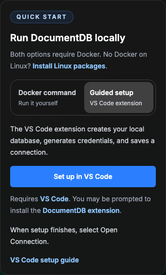 Mobile guided setup card with the Linux-packages link, both workflow choices visible, and one prominent setup action