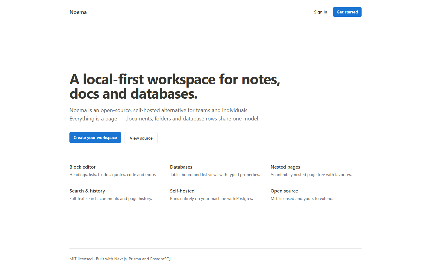 The Noema landing page