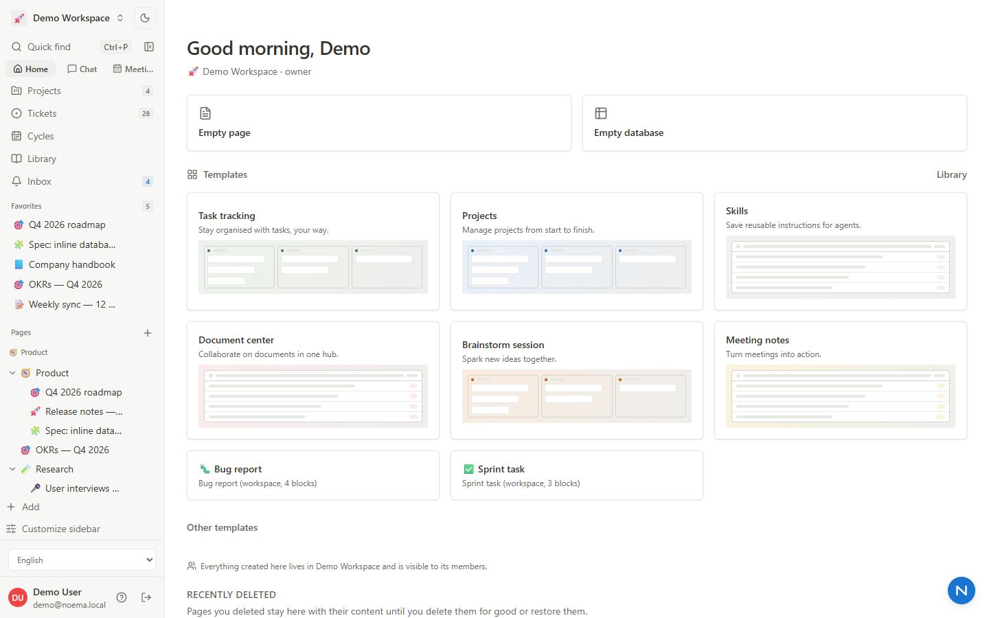 Workspace home — quick starts and the template gallery