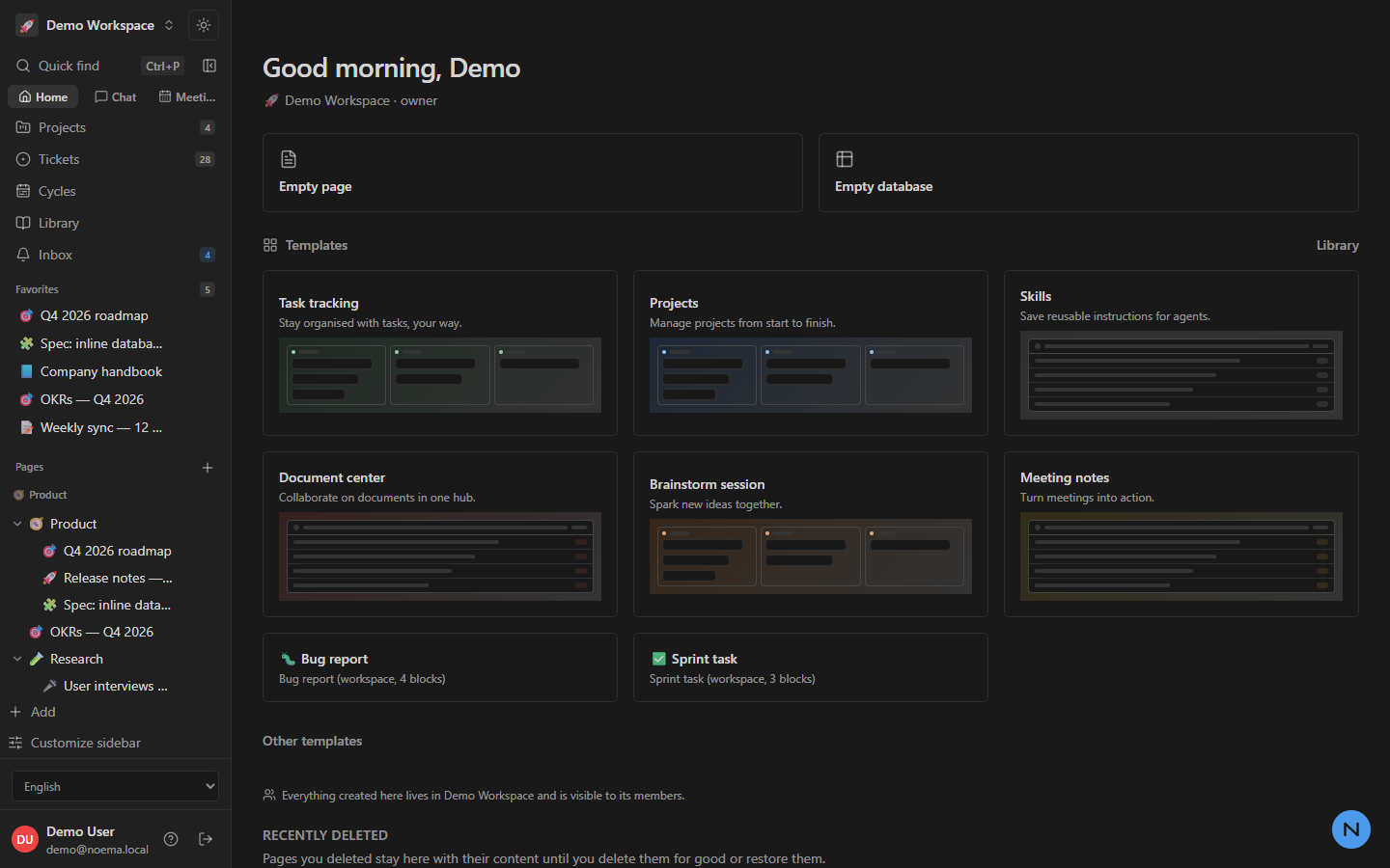 The workspace home in dark mode