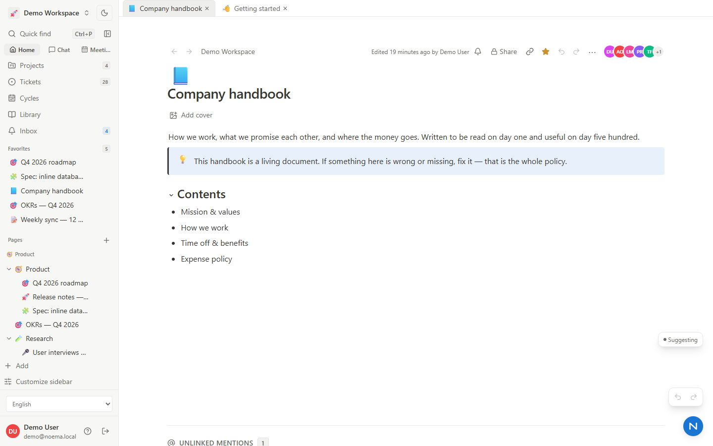 The block editor — headings, callouts, toggles, code, tables, backlinks