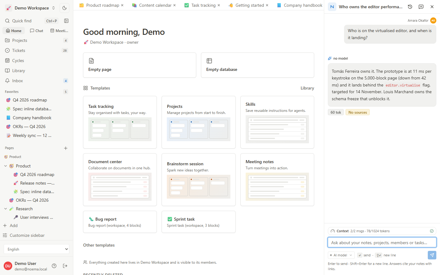 Chat — a workspace conversation, with the notes it cites