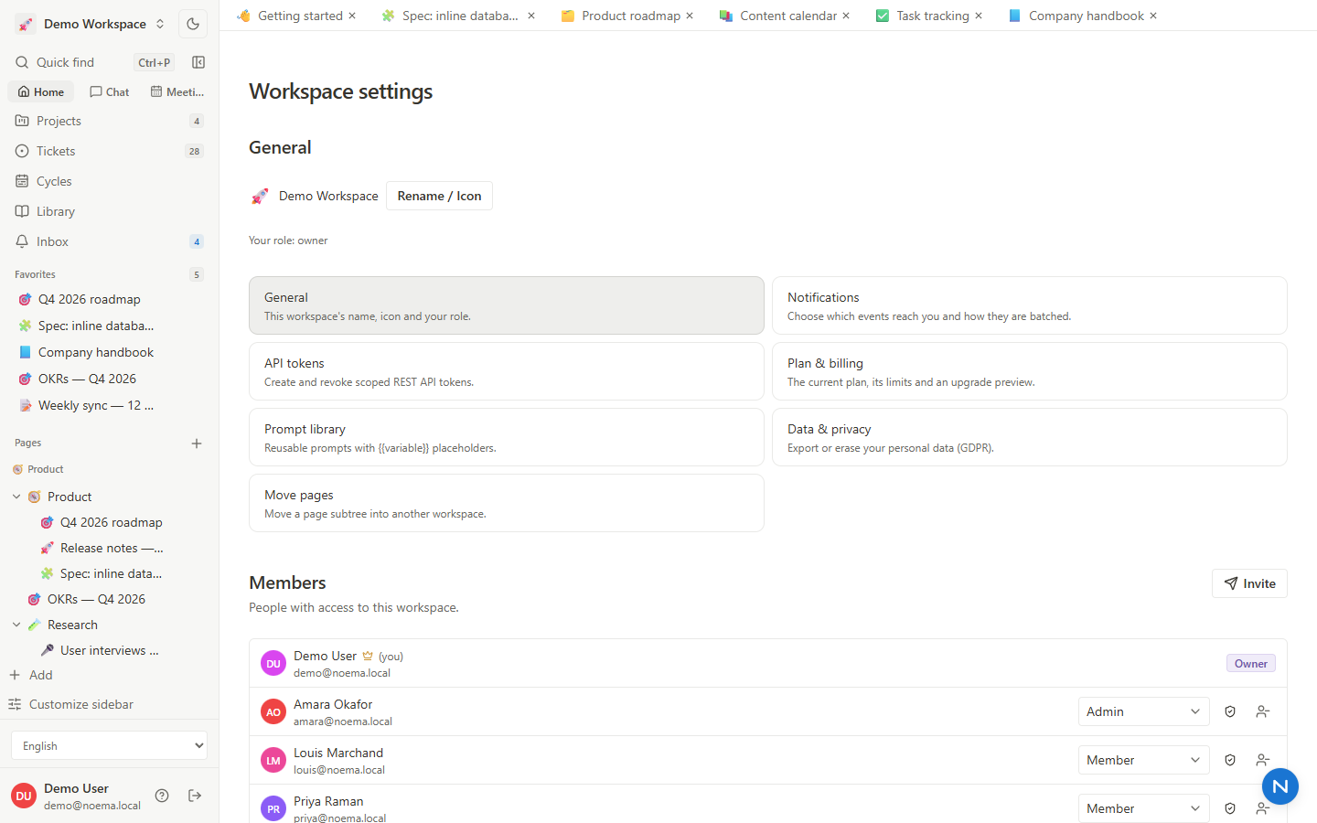 Settings — general, members, roles and invites