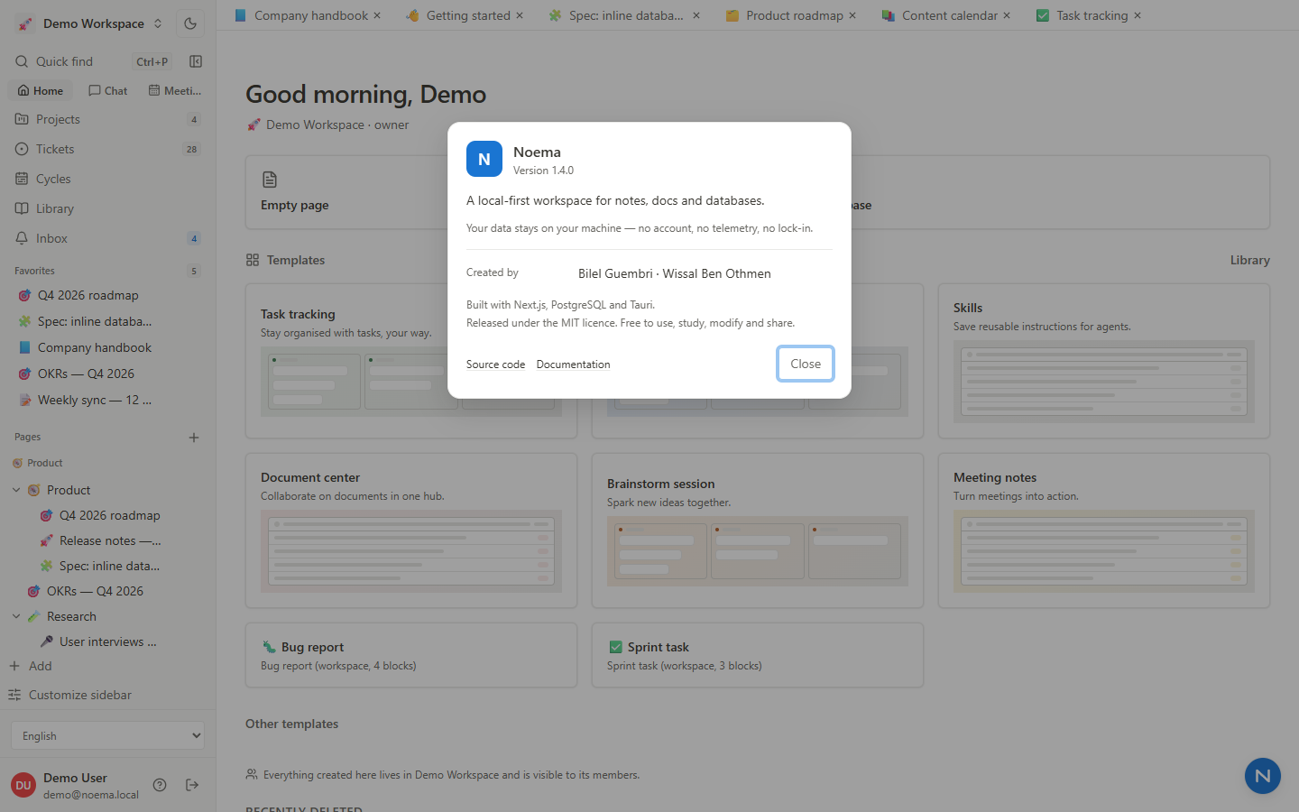 About — version, credits and licence, from Help → About