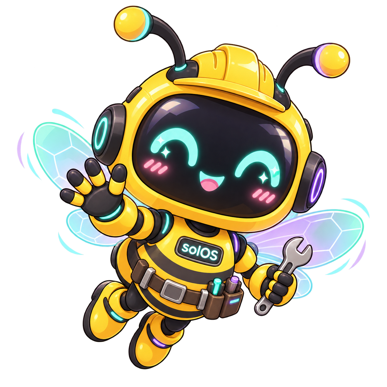 Soleebee, the flying solOS robot bee mascot, holding a wrench