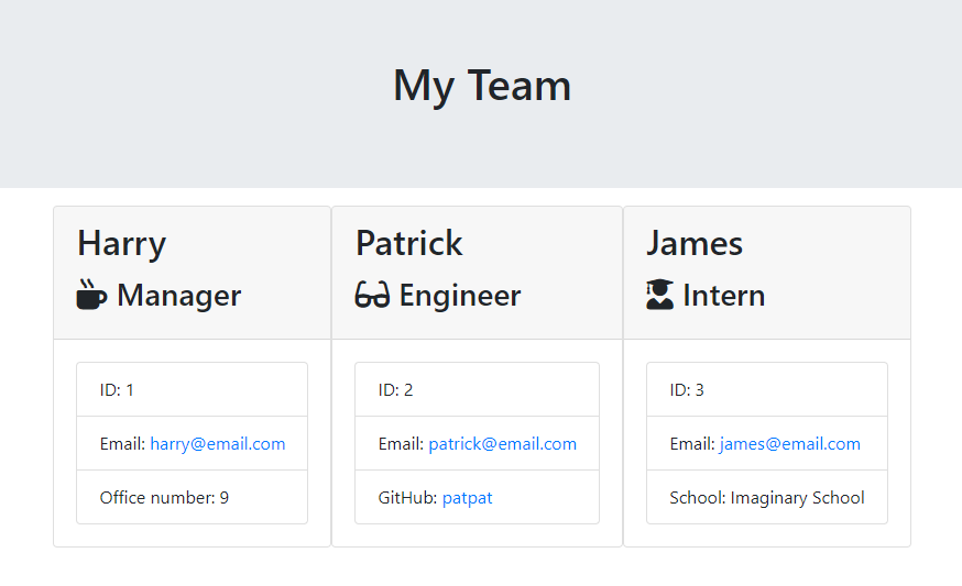 Screenshot of the sample team profile