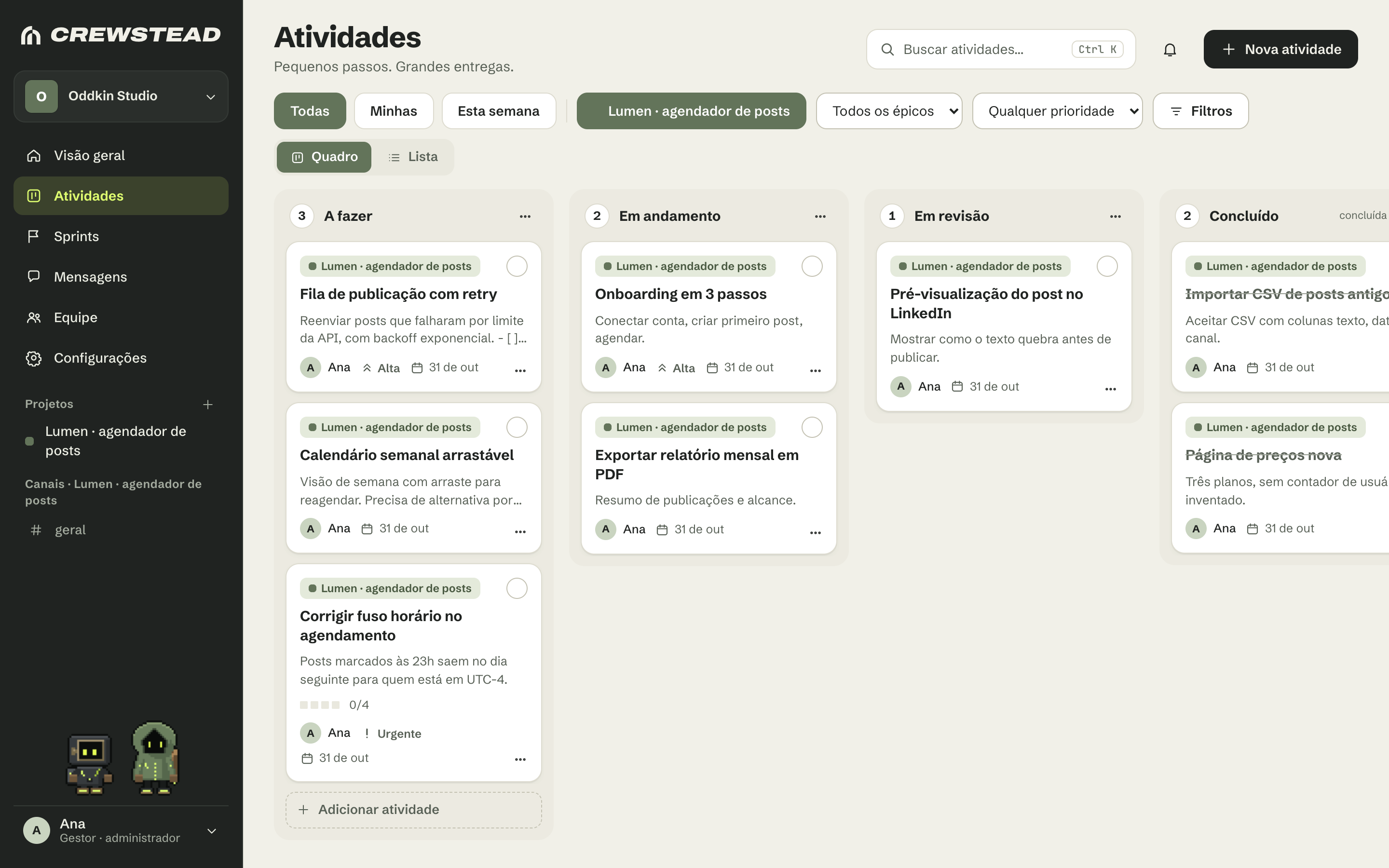 Quadro de atividades do Crewstead
