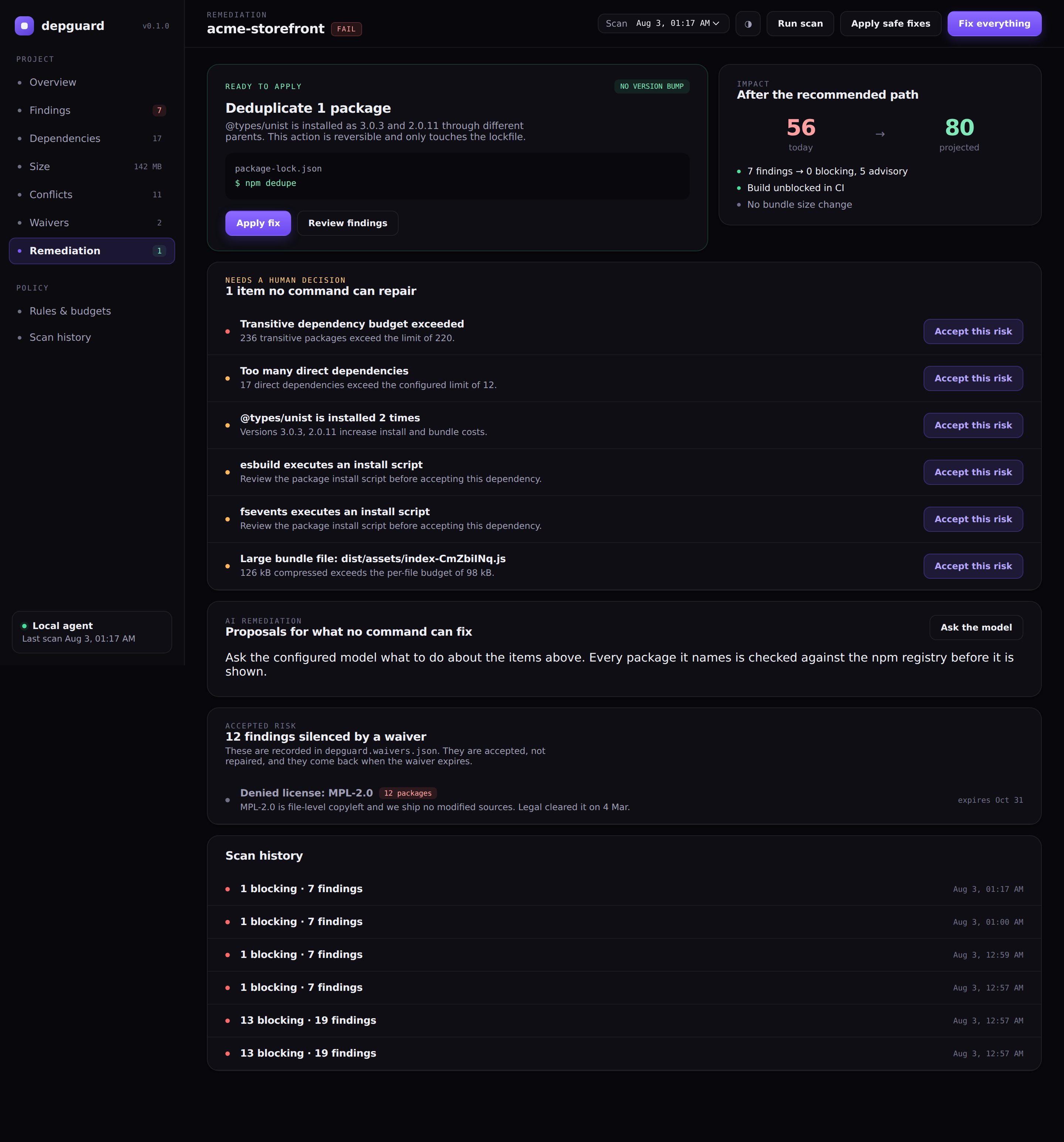 DepGuard dashboard, Remediation
