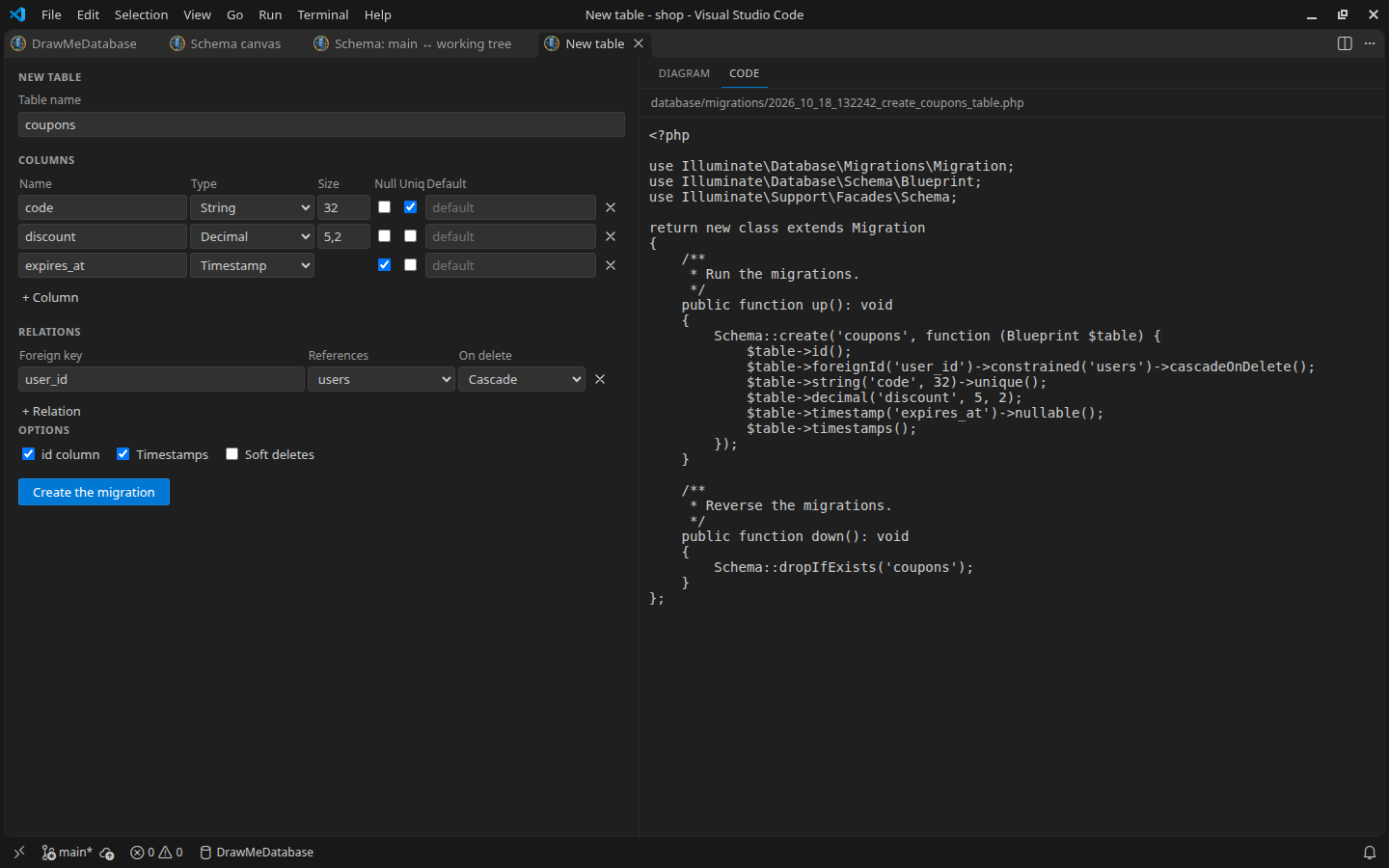 The table designer: a table described in a form, and the Laravel migration written for it