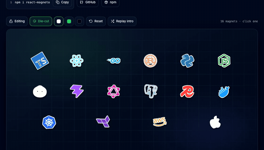 Dragging magnets around the board, then rotating, resizing and restacking one from its menu