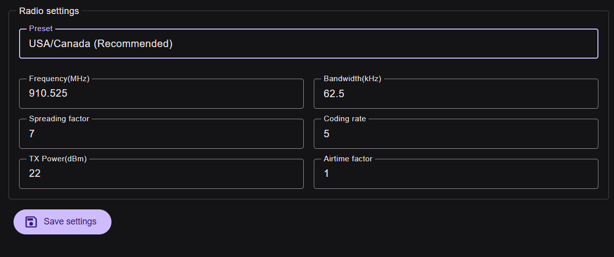 Screenshot of detailed Repeater Radio settings