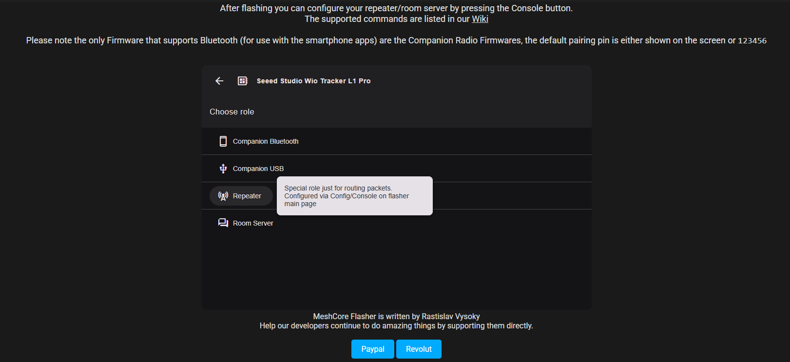 Screenshot of device role selection, highlighting Repeater