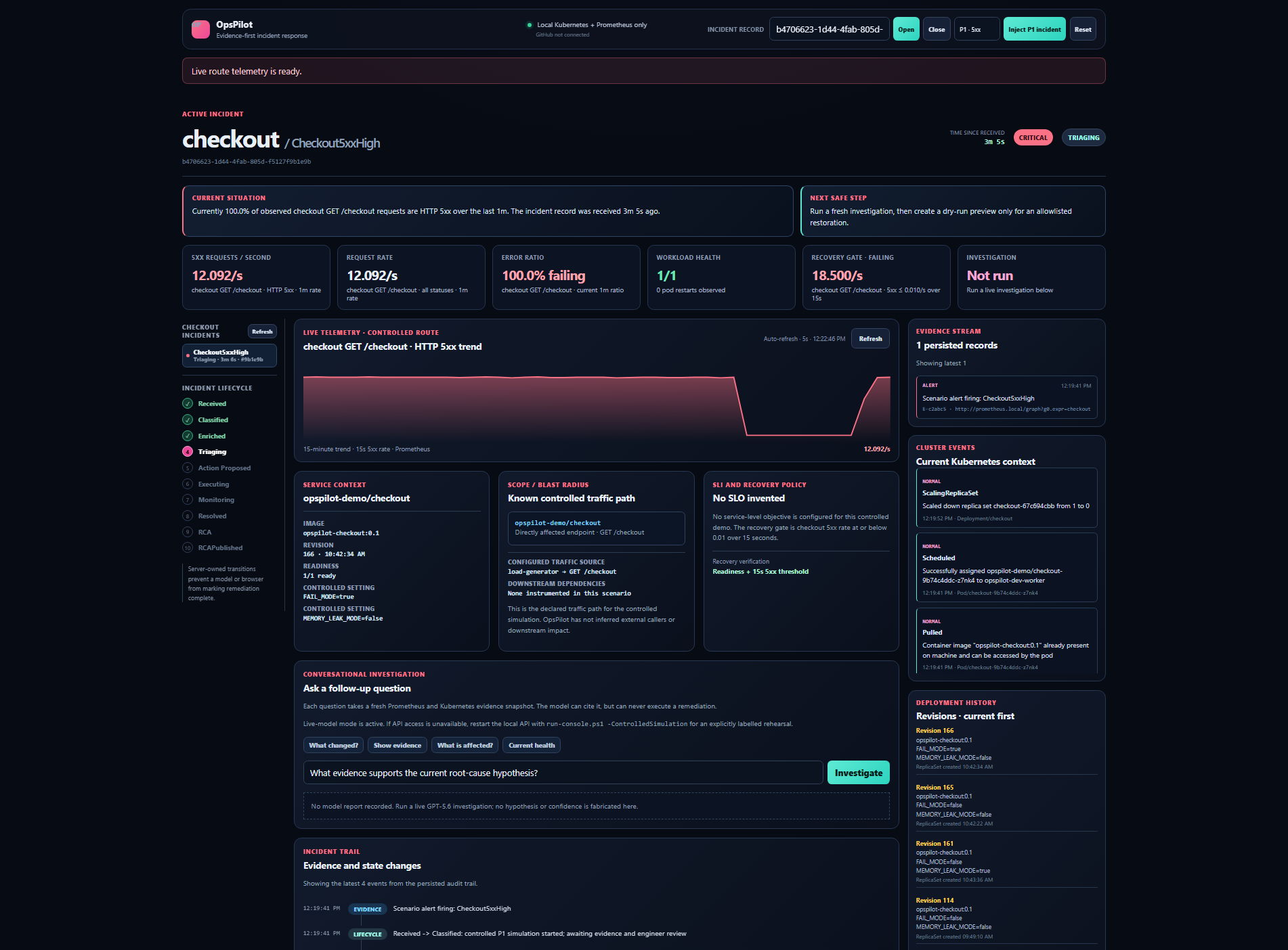 Controlled P1 checkout route telemetry and complete triage context