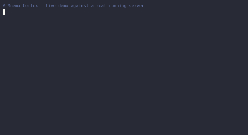 Mnemo Cortex live demo — an agent saves a memory, then recalls it by meaning, not keywords