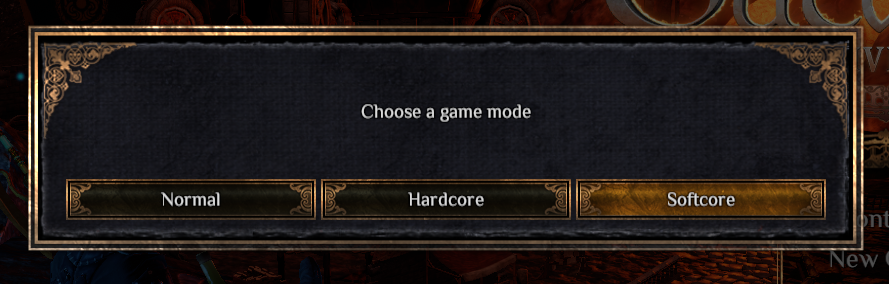 Game mode selection with Normal, Softcore, and Hardcore options